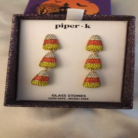 Piper K Gold Tone Triple Candy Corn Drop Earrings Glass Crystal Accents NIB