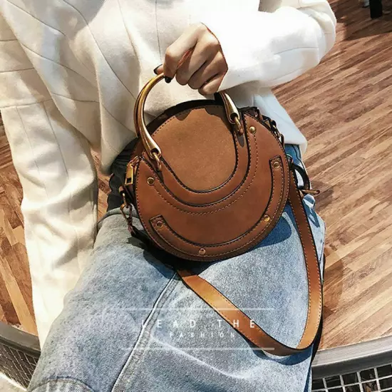 Circular Scrub Women Leather Bags Retro Small Round Lady Shoulder Bags Handbag 