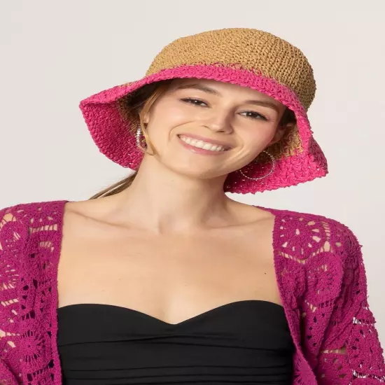 DIONA J TWO TONE STRAW BUCKET HAT ONE SIZE COLOR FUCHSIA