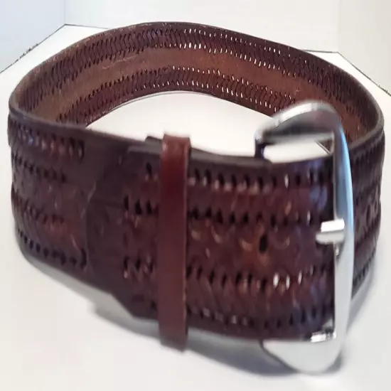 Belt 34 Brown Tooled & Pierced Leather Mexican Cowboy Western Brushed Silver Bkl