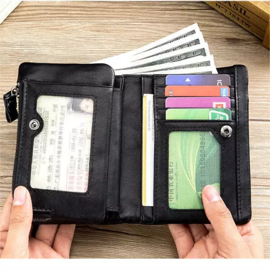 BULLCAPTAIN Retro Genuine Leather RFID Mens Wallet Card ID Holder Zipper Purse