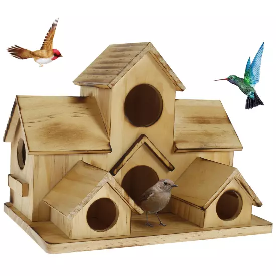 Bird House with 6 Holes Handmade Wooden Birdhouse Hanging Bird Nesting Box._