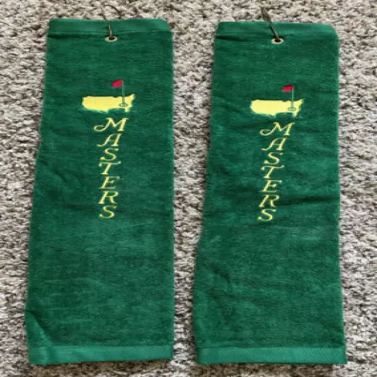 Two Vintage Master's Golf Towel Green with Bag Clip Hook Trifold Green Made USA