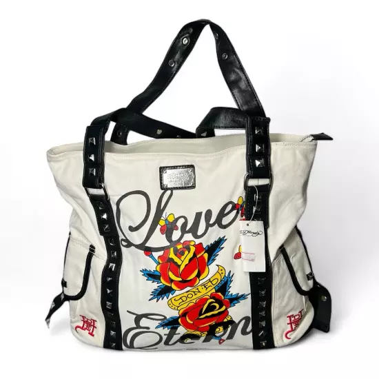 Ed Hardy White Canvas Tote Satchel Purse Leather Studded Trim 