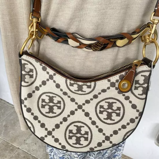 Tory Burch Ivory T Monogram Small Crescent Bag Shoulder Purse Crossbody $598