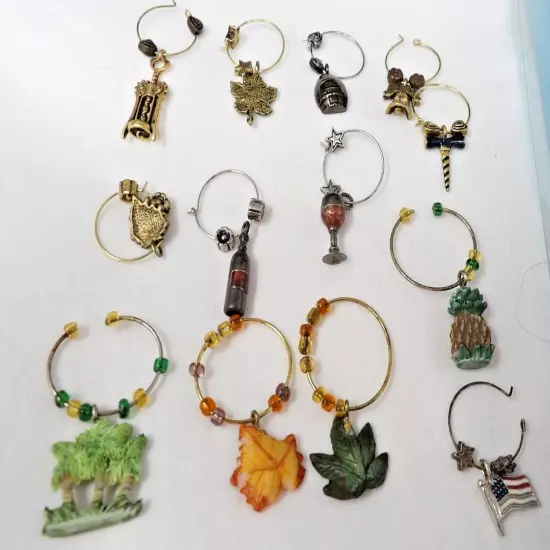 Lot Of 19 Wine Glass Charms Mix of Styles & Themes