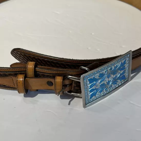 Men Leather Belt Cowhide Silverado USA Size 40 Is 45”long Aqua Silvertone Buckle