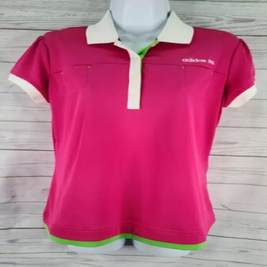 Adidas Golf Polo Shirt Sz Medium Women Pink Green Short Sleeve Athletic Stretch