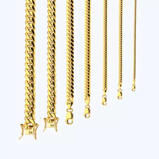 14k Yellow Gold 2.5mm-8mm Solid Miami Cuban Chain Bracelet Size 7-30 inches