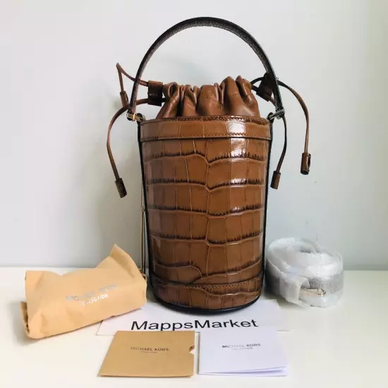 MICHAEL KORS COLLECTION Audrey Medium Croc Embossed Leather Bucket Bag CHESTNUT