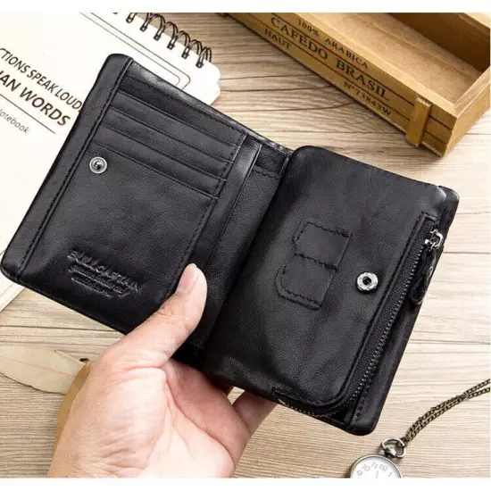 BULLCAPTAIN Retro Genuine Leather RFID Mens Wallet Card ID Holder Zipper Purse