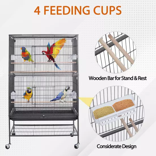 Black Large Rolling Metal Bird Cage Parakeet Cockatiel Cage with Draw-out Tray