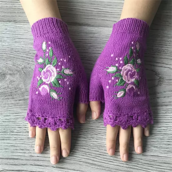 Women Handmade Embroidery Gloves Knit Gloves Flower Gloves Hand Knit Fingerless