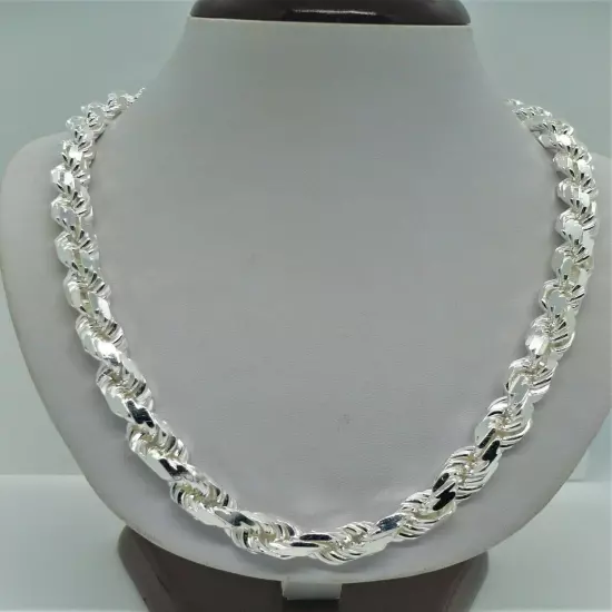 Solid 925 Sterling Silver Italian Rope Chain Mens Necklace 9mm - Diamond Cut