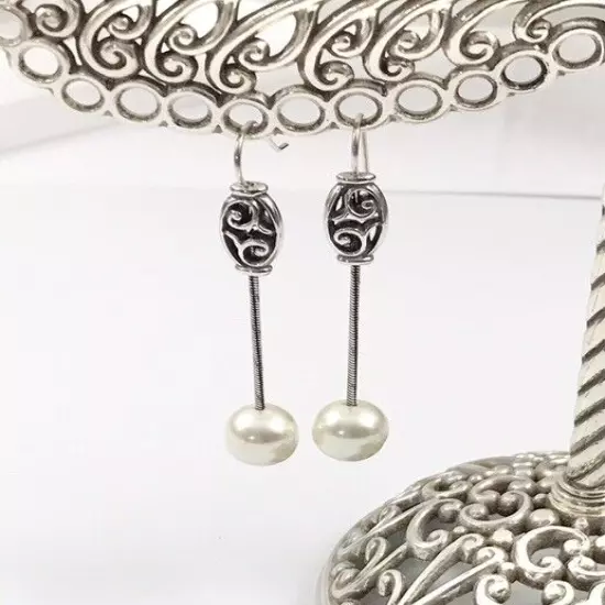 Brighton NWOT Mediterranean Long Silver Pearl French Wire Earrings. #1408