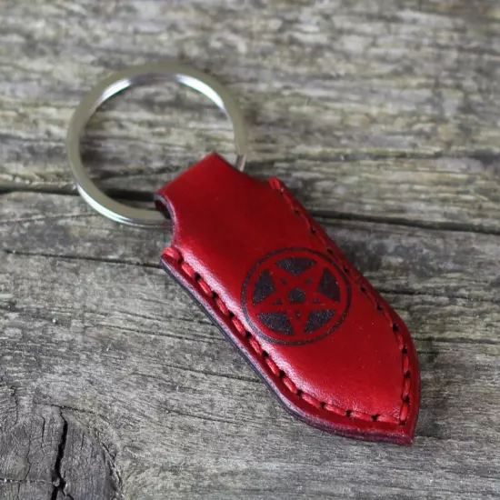 Pentagram - Leather key chain, Pentacle Keychain, Satan key fob.