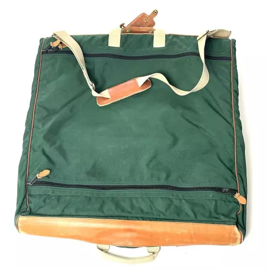 80s 90s LL BEAN Green Canvas Leather Folding Garment Carrying Bag Travel Vintage