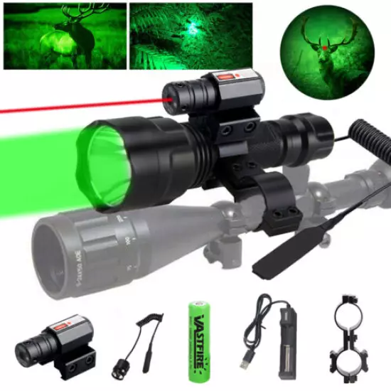 TAC LED Flashlight Torch Rifle Hunting Green Lamp Red Light Beam Dot Sight Combo