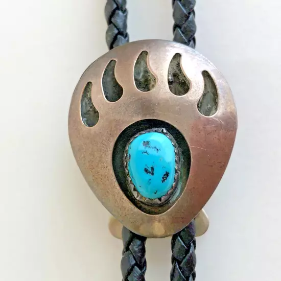 Vintage Bolo Tie Shadow Box Bear Claw Turquoise & Silver Leather Western Navajo