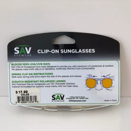 SAV Eyewear Clip on Sunglasses - Blocks 100% UVA/UVB Protection ~ Rectangle NEW