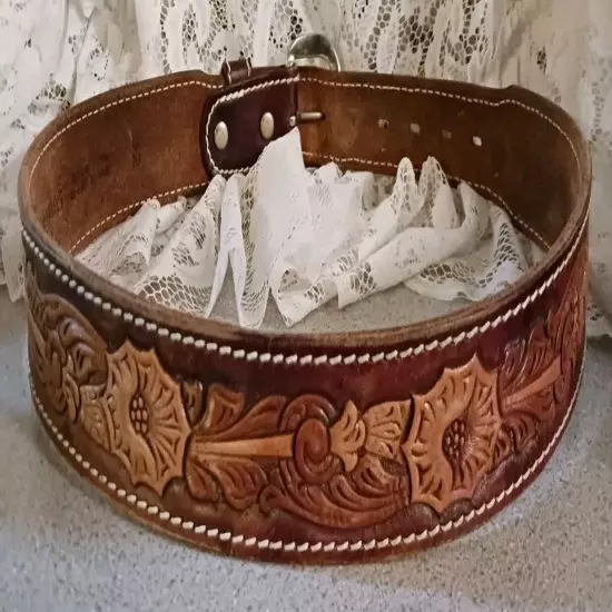 Nice Western Genuine Leather Belt Floral Hand Tooled ~ Removable Buckle Sz 28-33