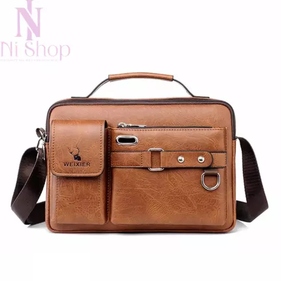 Men Messenger Bag Shoulder Briefcase Portable PU Leather Handbag Crossbody Brown