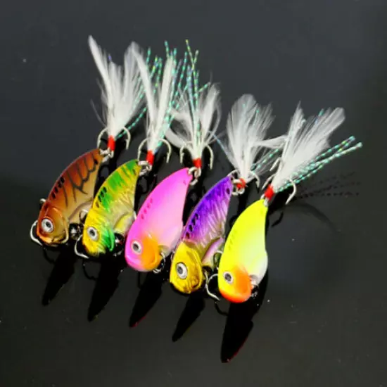 5Pcs 5.5cm/12g Fishing Lures Spoon Lure Feather Hard Bait Hook VIB Metal 8# Hook