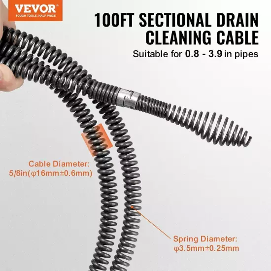 VEVOR Drain Cleaning Cable 100 FT x 5/8 Inch, Professional Sectional Drain Clea