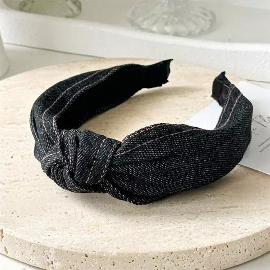 Women Girl Retro Denim Hair Band Cross Twisted Wide Headband Head Hoop Headwear