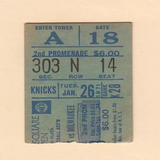 01/26/71 Milwaukee Bucks at New York Knicks Ticket Stub Lew Alcindor