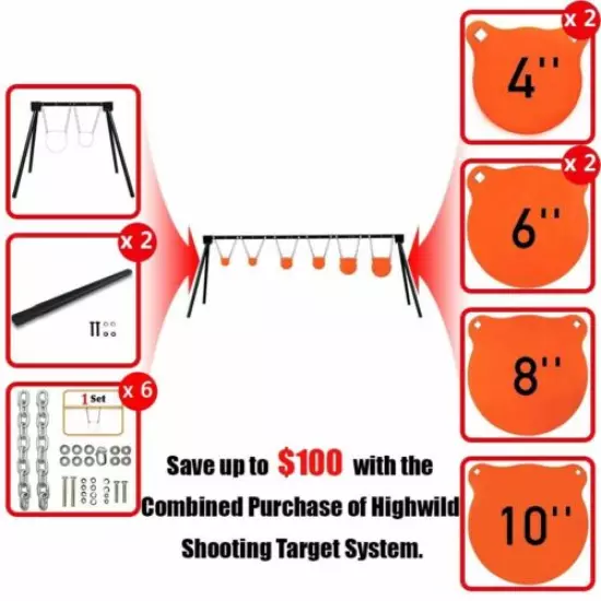 AR500 Steel Shooting Target Stand System (Stand, Chains & 4"4"6"6"8"10" Gongs) 