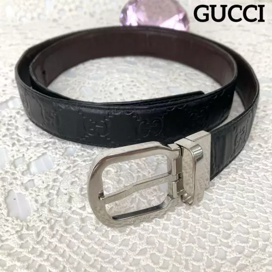 Gucci Guccissima leather GG belt silver buckle 100/40 Black 162940 Men Used JPN