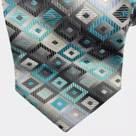 Croft & Barrow Teal Silver Gray Geometric Silk Necktie Tie Men's 3.5" x 58"