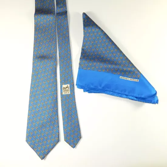 Vintage Hermes Tie with Matching Handkerchief - Blue with Geometric Print 7351