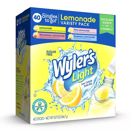 Wyler's Light Lemonade Variety Pack 5.17 Oz, 40 Sticks; Fresh New, Free Shipping