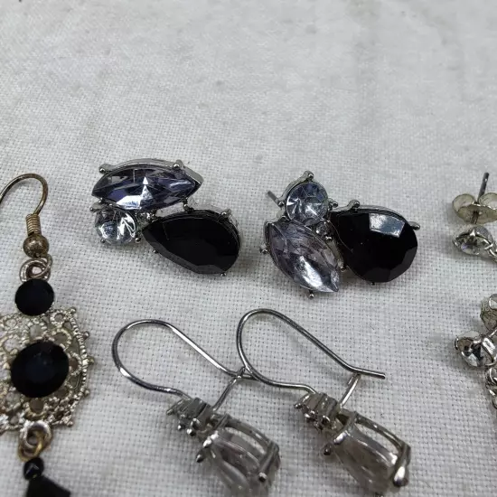 Lot Of 5 Vintage & Modern Costume Rhinestone Earrings Dangle Hoop Silver Tone