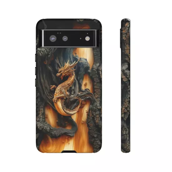 For iPhone, Samsung Galaxy, Pixel - Phone Case Cover - Carved Wood Dragon Print