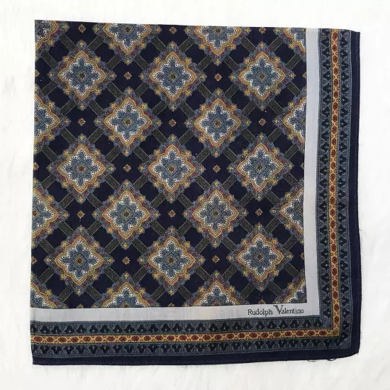 Vintage Mens Handkerchief Blue Cotton Arabic Geometric Pattern Pocket Square 17"