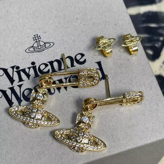 1Pair Vivienne Westwood Tone Crystal Earrings Bas Relief Saturn Orb Earrings