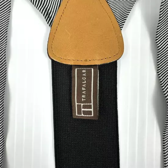 TRAFALGAR Suspenders Men’s Silk Black White Stripe Leather Button Ears