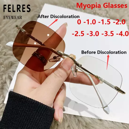 Metal Rimless Photochromic Myopia Nearsighted Glasses Women Outdoor Sunglasses 