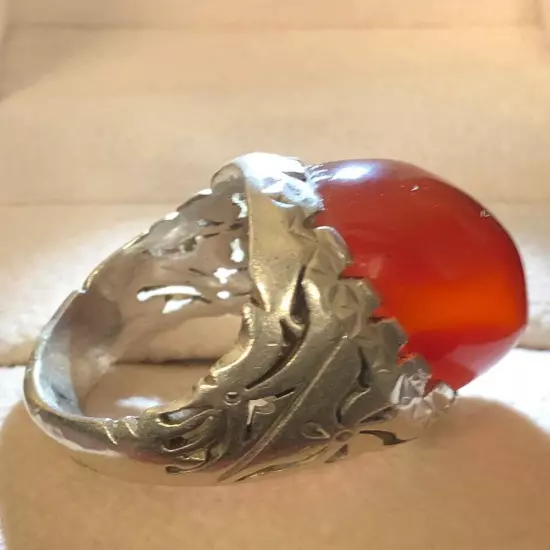 Agate Ring Men Silver 990,Yemen,Aqeeq,,Rare,Royal,Luxuryخاتم عقيق يمني كبدي فحل