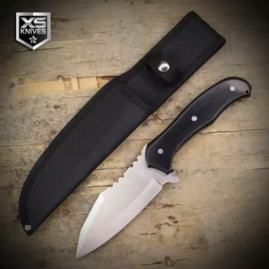 9" BLACK Wooden Handle SURVIVAL Fixed Blade FULL TANG Hunting Knife w/ Sheath