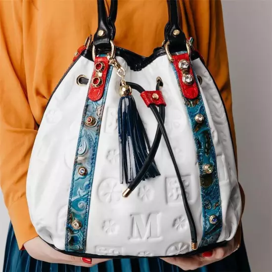 Marino Orlandi Bucket Bag Drawstring Purse Alabaster Leather Tote Swarovski