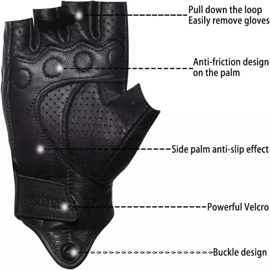 Harssidanzar Men's Motorcycle Gloves Leather Perforated Large, Black 