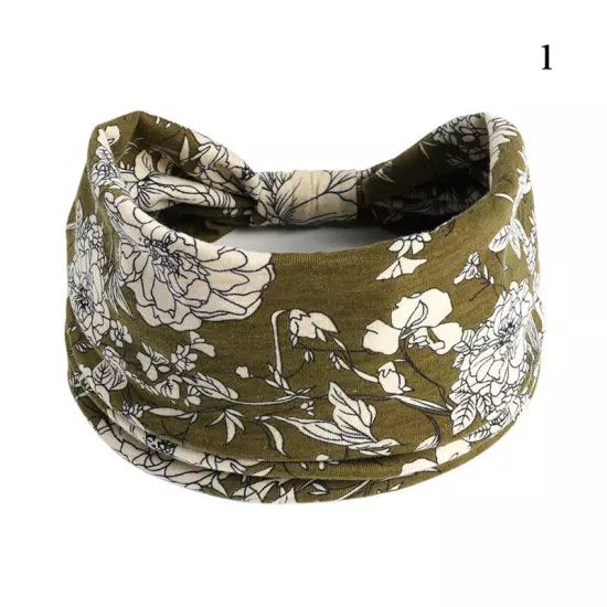 Women Boho Flower Print Wide Headband Vintage Knot Elastic Turban Headwrap *