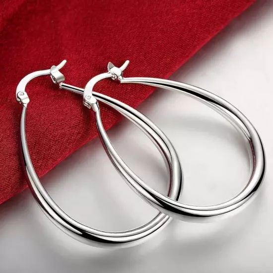 Stunning 925 Sterling Silver Filled SP Large Oval Hoop Huggie Earrings women's