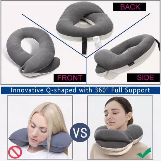 Adult Travel Neck Pillow w/ Eye Mask & Earplugs Chin & Head Support Gray