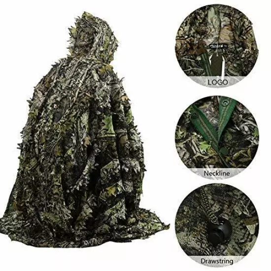 Zicac Outdoor 3D Leaves Camouflage Ghillie Poncho Camo Cape Cloak Stealth Ghi...