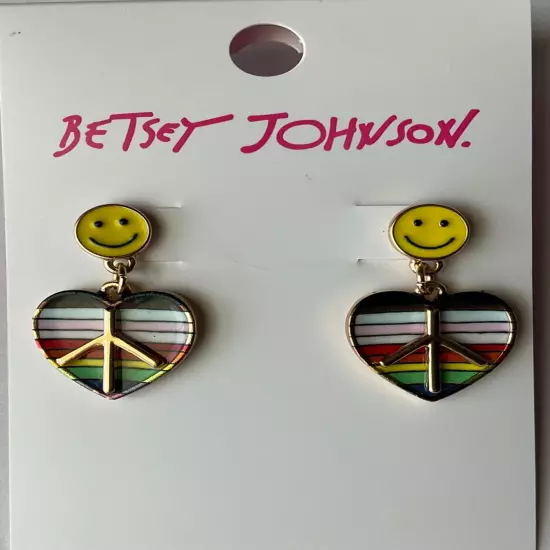 Betsey Johnson One Love Rainbow Heart Peace Earrings Smiley Face